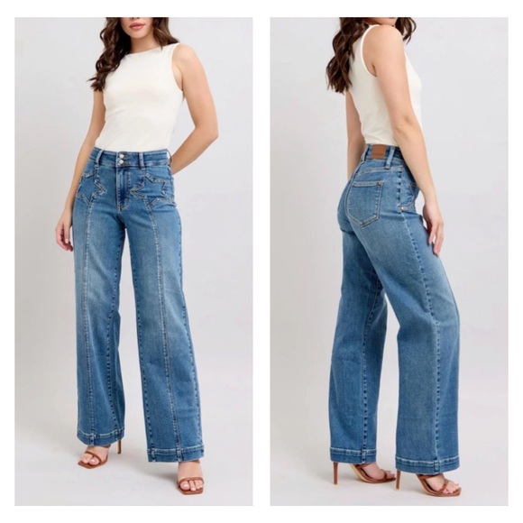 Judy Blue Denim - Judy Blue High Waist Double Button Star Front Seam Wide Leg Denim Jeans 14W x 32